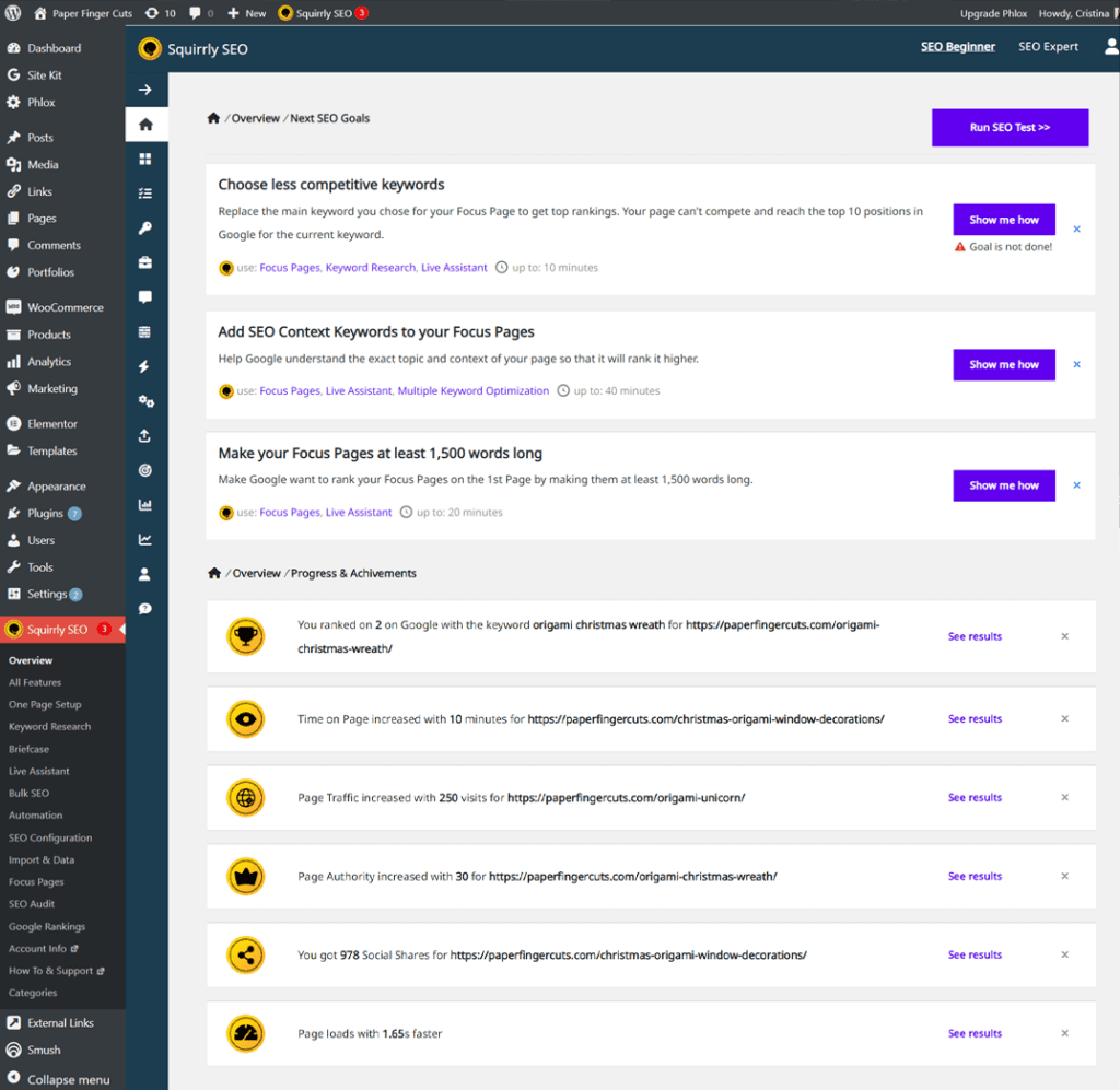 Squirrly SEO antaa selkeitä kehitysehdotuksia