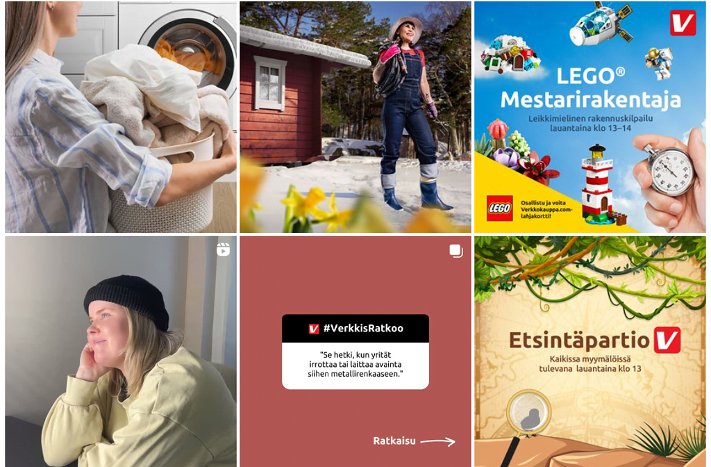 Sosiaalisen median strategia ja oma brändi-ilme. Esimerkki Verkkokauppa.comin Instagramista.