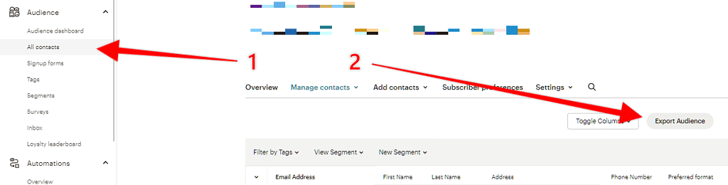 Kuvassa nuoli Audience All Contacts kohtaan ja Export Audience nappiin. Näin onnistuu Mailchimp kontaktien varmuuskopiointi.