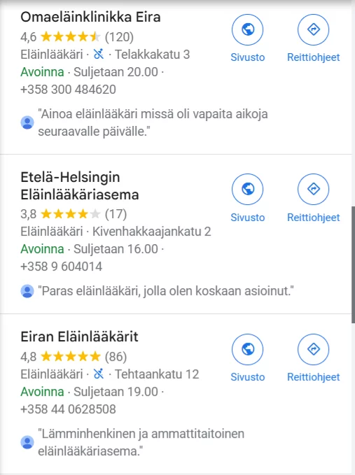 Miksi Google-arvostelut ovat tärkeitä yrityksille? Koska asiakas valitsee palvelunsa arvioiden perusteella.Kuvassa kolme yritystä. Yhdellä arviot huonot ja tarvitsee lisää arvioita Googleen. Kahdella useita arvioita ja hyvät - asiakas valitsee todennäköisesti heidät!