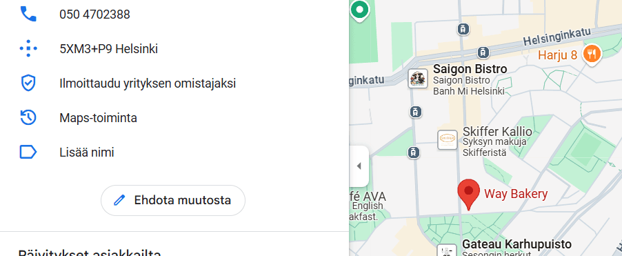 Kuinka saada arvosteluja Googlessa? Yrityksesi täytyy löytyä Googlesta! Mikäli sitä ei ole lisätty, et voi saada arvioita Google Mapsiin.Kuvassa näytetään, kuinka voit ilmoittautua yrityksen omistajaksi Google Mapsissa.