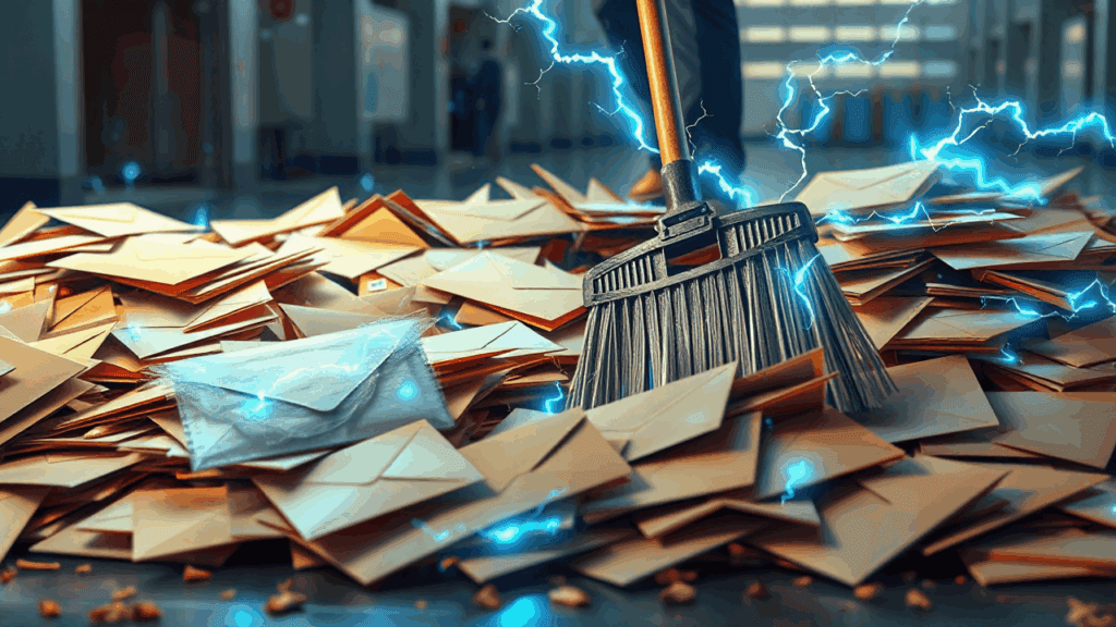 Kuvassa siistijä lakaisee sähköisiä kirjekuoria